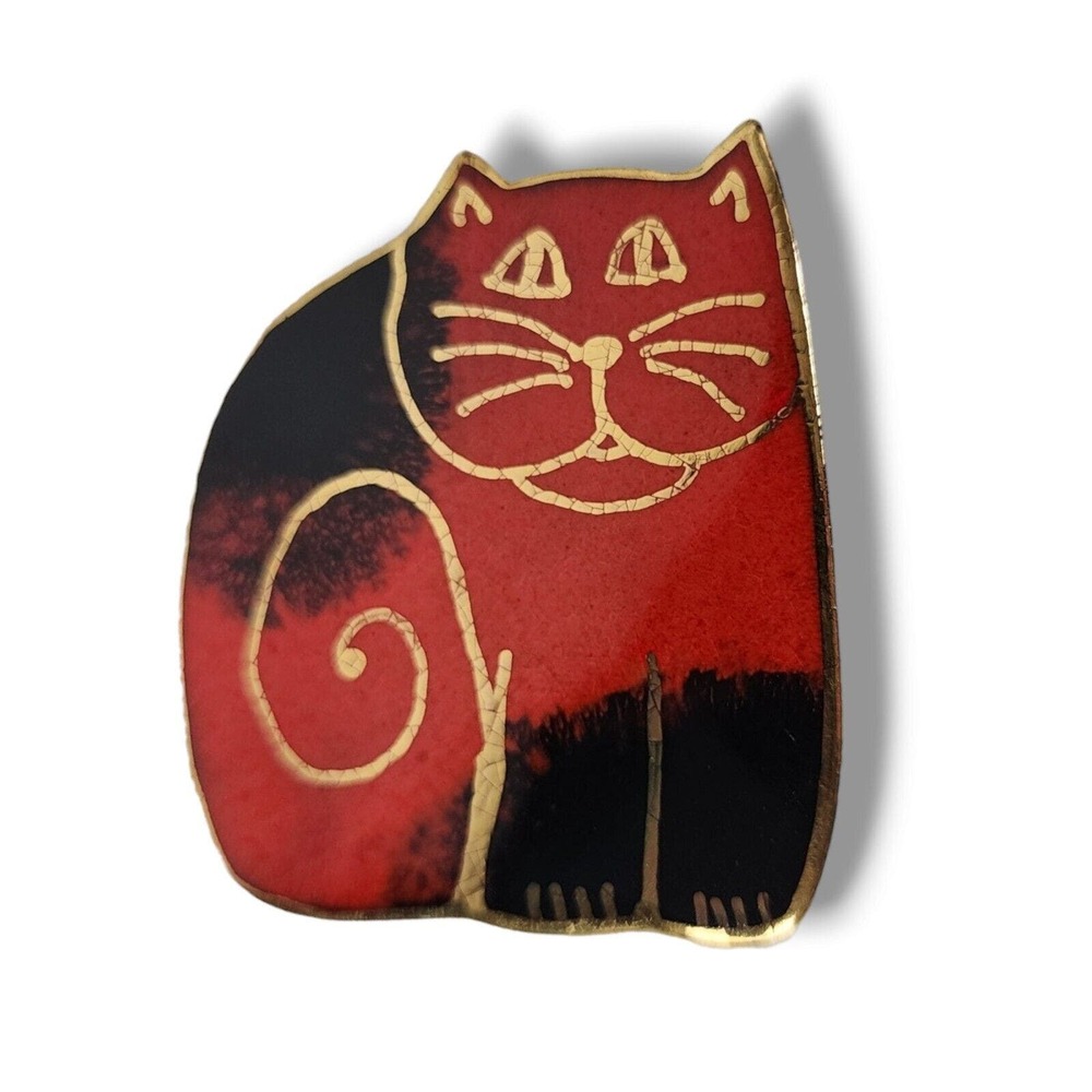 Hand-Painted Cat Pin Stone Slate Brooch Red Black Gold Cat Lady Kitty Kitten